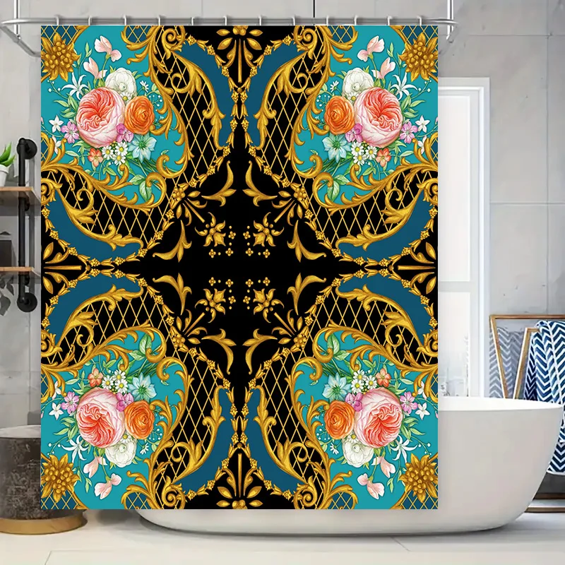 

Vintage Baroque Floral Printed Shower Curtain for Bathroom Decor Black Background with Gold Trim.