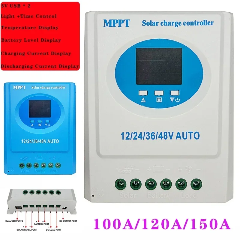 100A 120A 150A MPPT Solar Charge Controller 12V 24V 36V 48V Panel Intelligent Regulator for Off Grid Battery Charging Dual USB