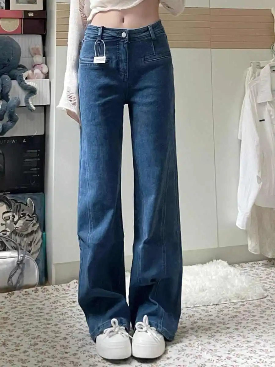 Women New Large Blue Straight Leg Floor Denim Pants Low Waist Design Non Detachable Three Dimensional Bow Wide Leg Jeans