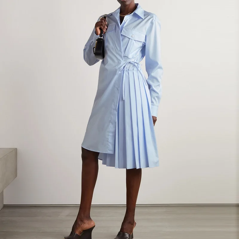 American Personalized Deconstructing Irregular Shirt Dress Autumn New Hem Pleated Stitching Large Pocket Waist-Tight