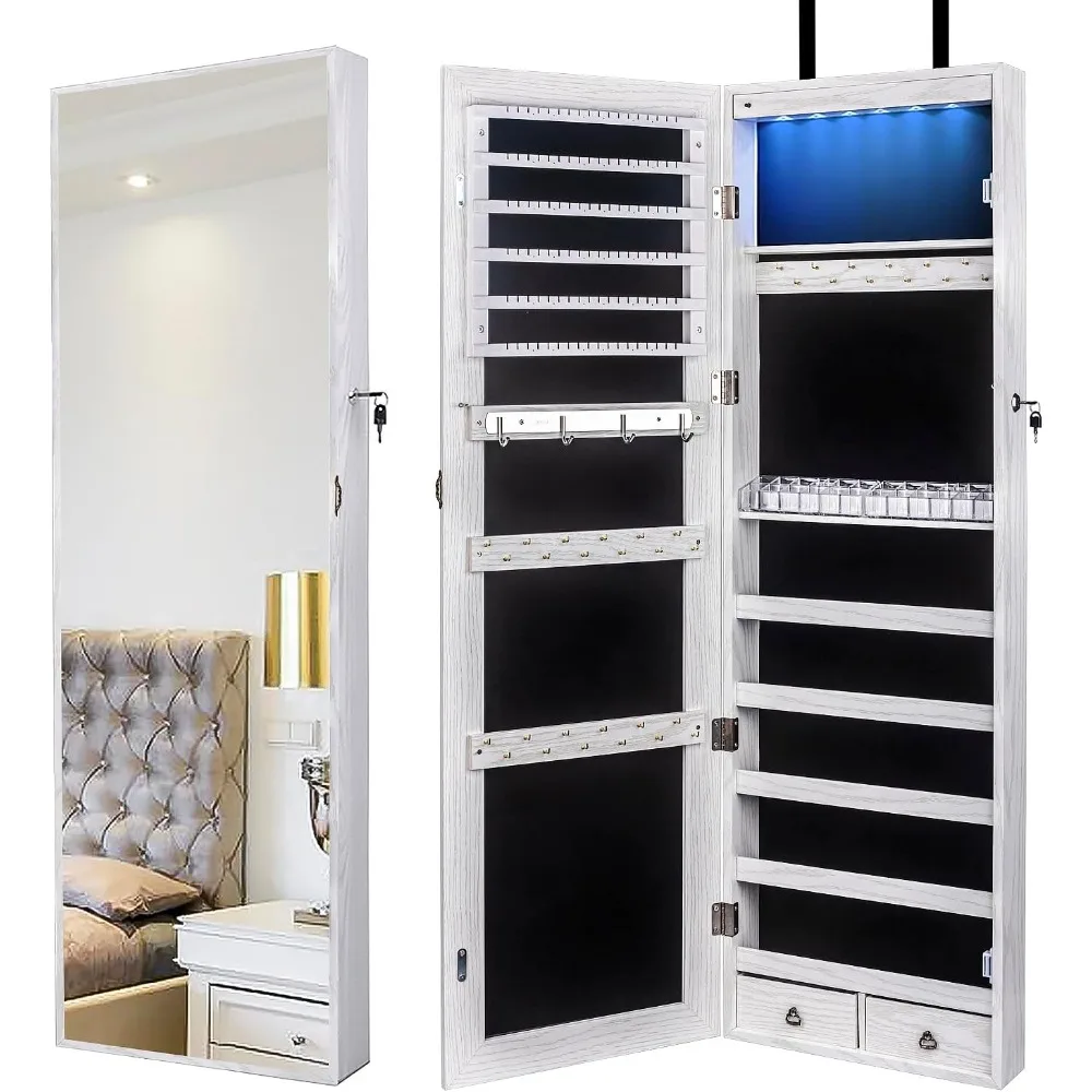 

47" H Jewelry Armoire Full Length Mirror Cabinet Storage Organizer w/LED Light Wall-Mounted/Door-Hanging Lockable