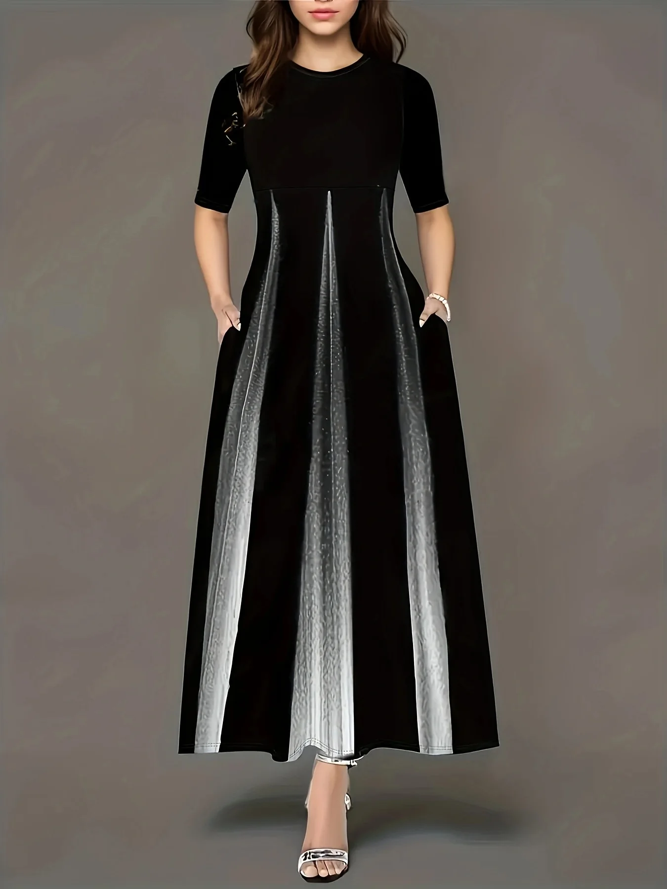 Summer new gradient vertical print dress with round neck, loose sleeves, slimming temperament, long skirt