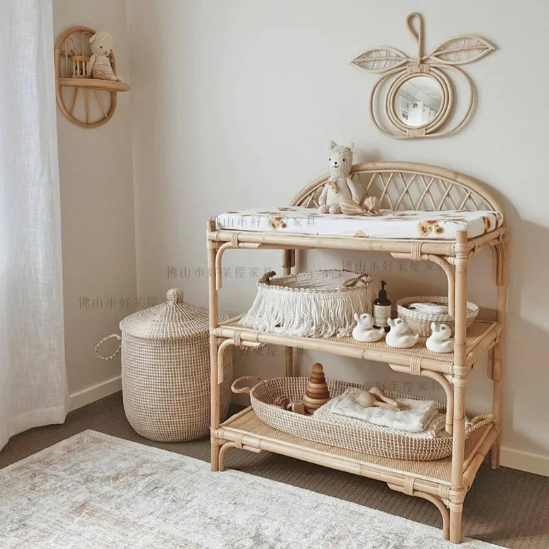TQH7.2 rattan three-layer shelf, bedroom floor-to-ceiling bookshelf, simple and movable Japanese-style storage rack