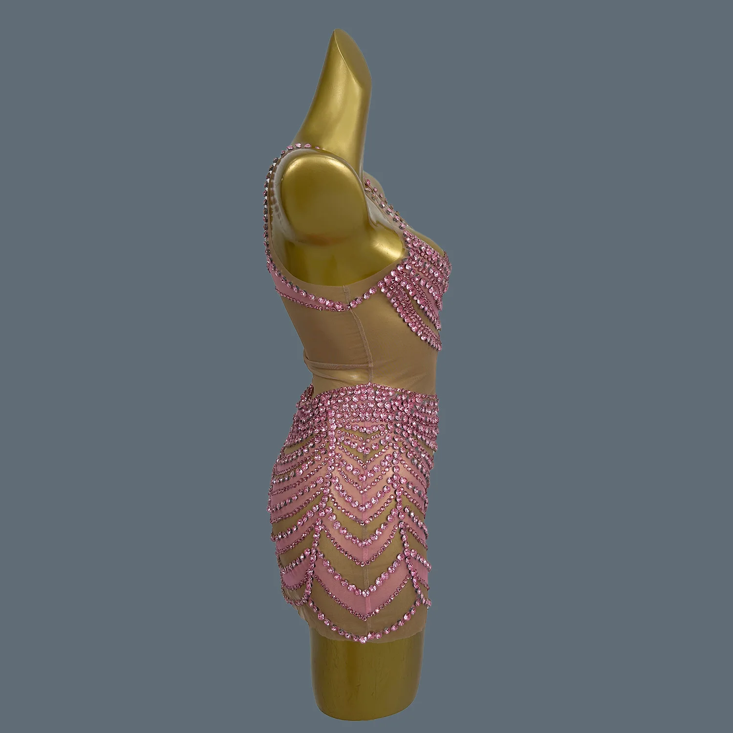 女性のためのきらびやかなピンクのミニドレス,クリスタルダイヤモンド,メッシュドレス,パーティードレス,パーティードレス,ウエディング,バースデーウェア,豪華,セクシー,ファンワン
