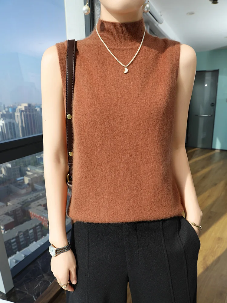 

New Women's Waistcoat Simple Style Cashmere Sweater Mock Neck Sleeveless Pullover Autumn Winter 100% Mink Cashmere Knitwear Vest