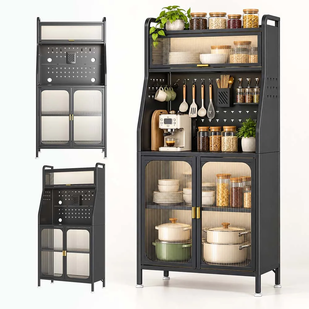 Mobile contenitore da cucina con pannello forato, mobile dispensa a 5 ripiani con ripiani regolabili, fori per la gestione dei cavi, ruote e piedini antiscivolo, mobile autoportante per bar da caffè e