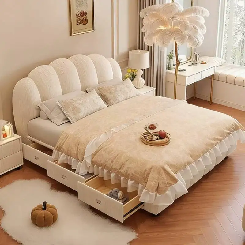 Diseños de Cama Doble Beige 180X200, Estilo Nórdico Europeo, Cama Doble con Almacenamiento para Niñas, Cama Matrimonial de Madera para Princesas, Muebles para el Hogar