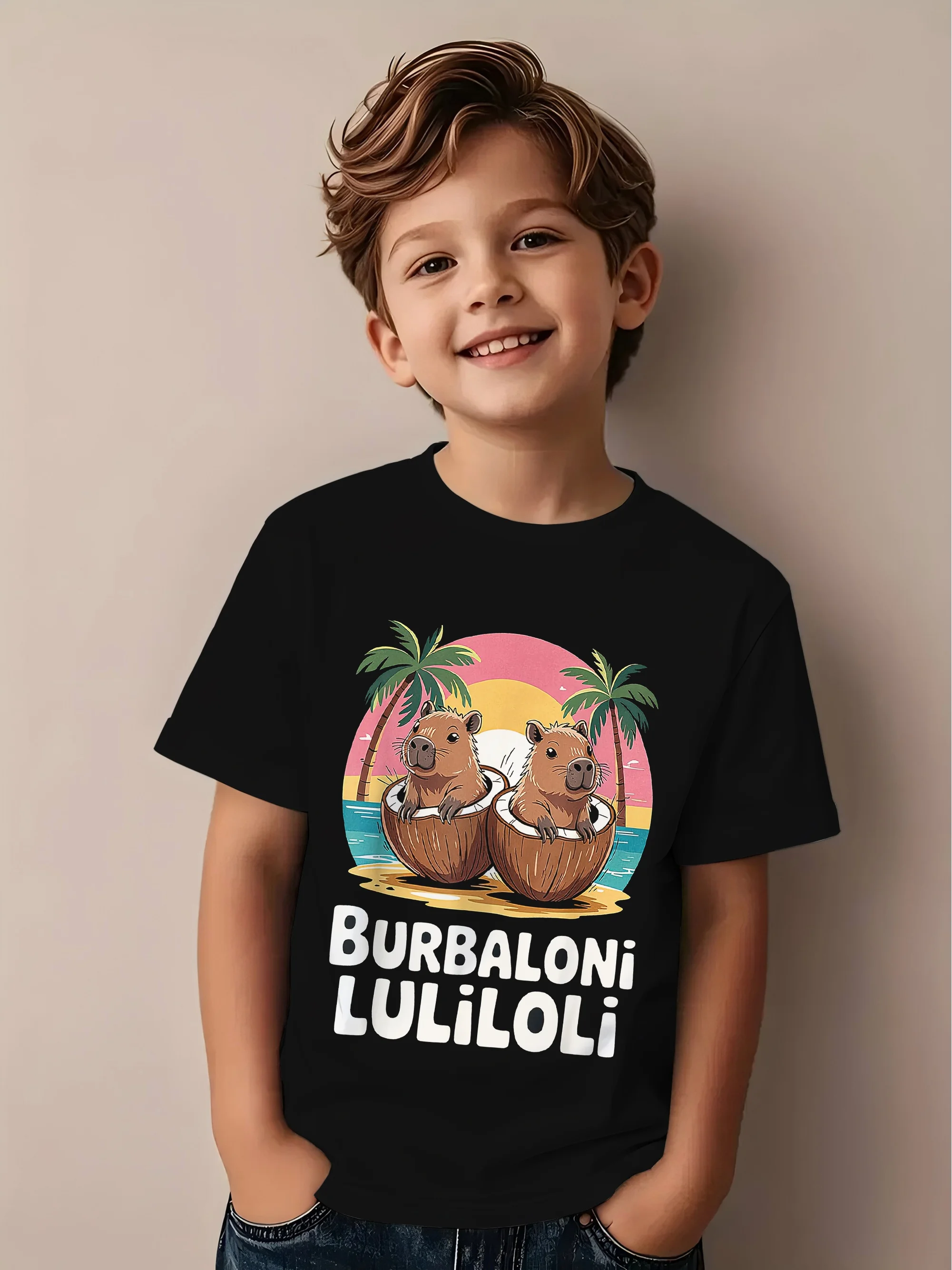 Süßes Capybara italienisches Brainrot Meme Print Kinder T-Shirt Kind T-Shirt Rundhals Surfen Junge Mädchen T-Shirt Sommer Kurzarm