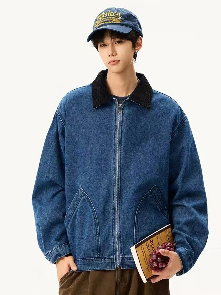 

Новая мужская джинсовая куртка с отложным воротником в стиле Y2K, американский уличный стиль, свободный крой, с карманами, винтажная, в стиле пэчворк, универсальная, на молнии, джинсовая верхняя одежда