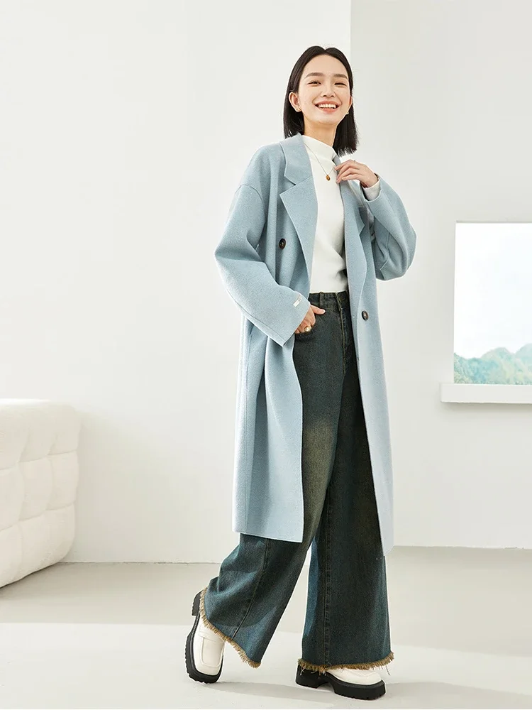 Vimly Blue Wool & Blends Long Coats Women Clothes 2023 Doule Breasted Elegant Office Lady Winter Warm Long Jacket Overcoat 16328