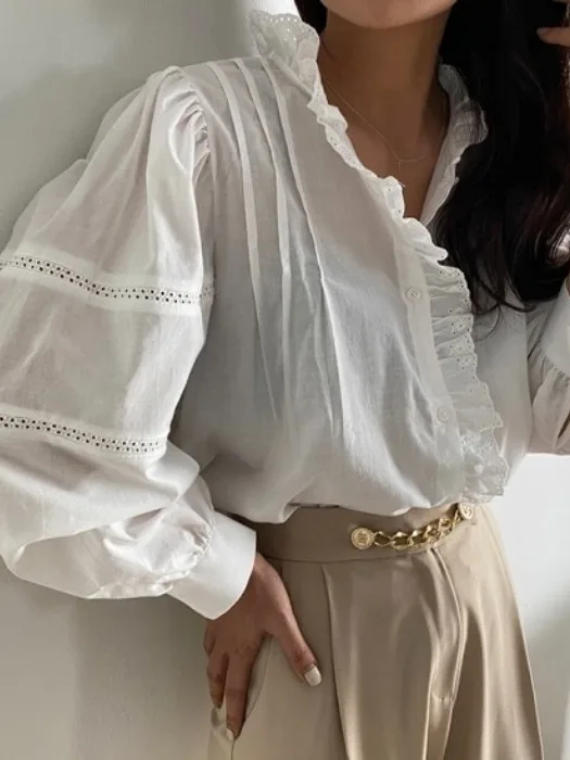 

White Lace Trimmed 7/8 Sve Doll irt Women's Premium Loose Sle Commute Faion Spring 2025 New Summer Collection