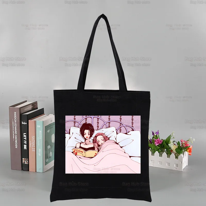 Black Stones NANA Osaki Ren Honjo Print Canvas Tote Black Bags Harajuku Casual Female Girl Tote Eco Shopper Shoulder Bags