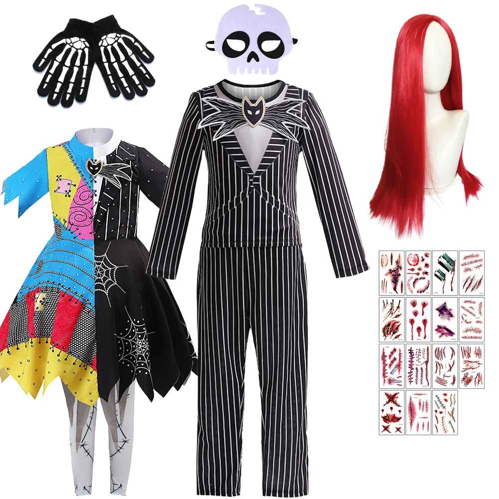 Halloween Party Christmas Nightmare Jack Cosplay Costume Boy Skull Skellington Striped Uniform Clothing Set Girls Sally Dress Up