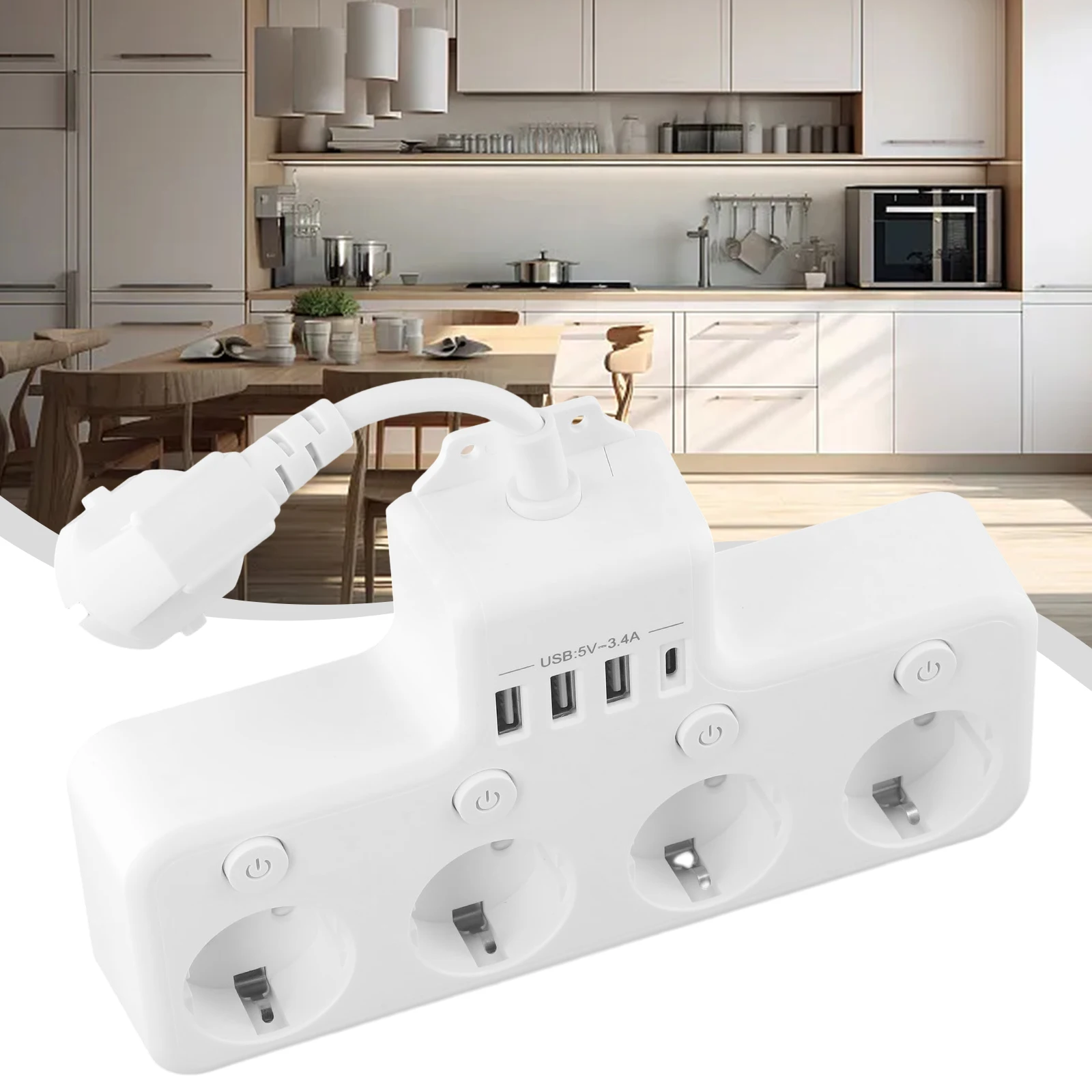 

Add Elegance to Your Space Sleek Black 4 Way Power Strip with Individually Switchable EU Sockets and USB Ports