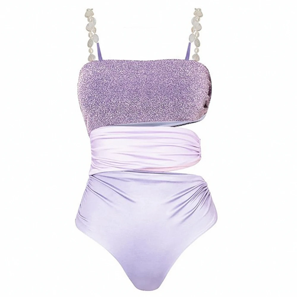 2023 Purple Swimsuit Women Deep-V One Piece Swimsuit Mesh Ruffle Beachwear Bathing Suit Vintage Retro Monkini Backless Push Up