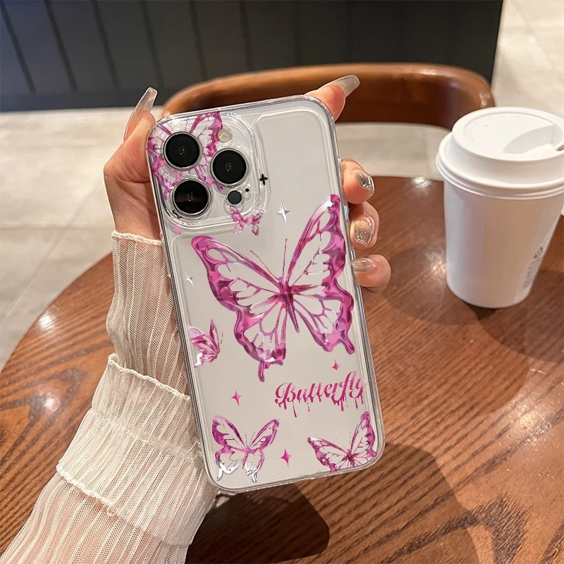 Y2K Glitter Butterfly Phone Case For iPhone 17 Air 16E 16 15 14 11 Pro Max Plus 13 12 Mini 8 7 X Transparent Shockproof Cover