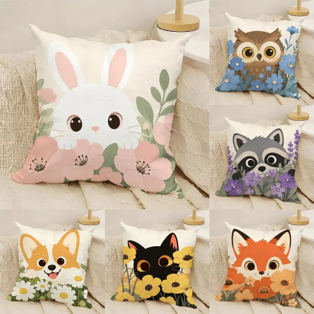 Animals In The Flower Bed Cushion Cover Natural Linen Organic Fabric Double-Sided Printing Sofa Home Decor Gift Pillow Cover