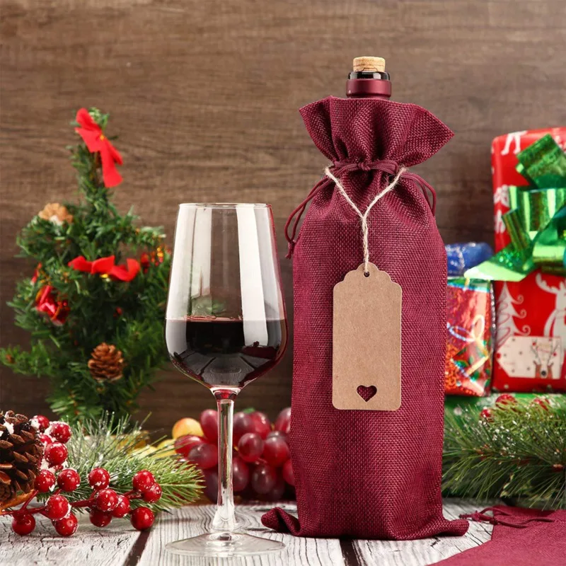 10Pcs Burlap Wine Gift Bags Drawstrings Champagne Red Wine Bottle Covers For Xmas Christmas Wedding Party Decoration With Tags