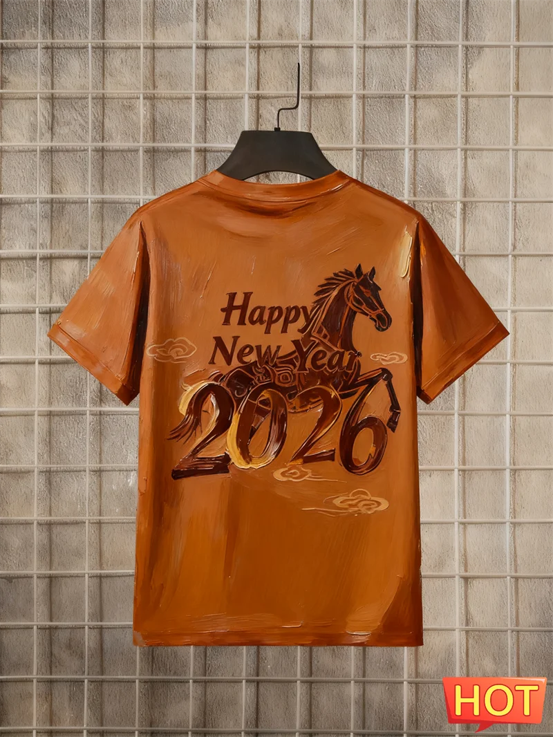 موضة سنة جديدة سعيدة 2026 رسائل الحصان نمط تي شيرت العصرية الرجال النساء طاقم الرقبة ثلاثية الأبعاد تي شيرت مطبوع فضفاض تنفس تيز