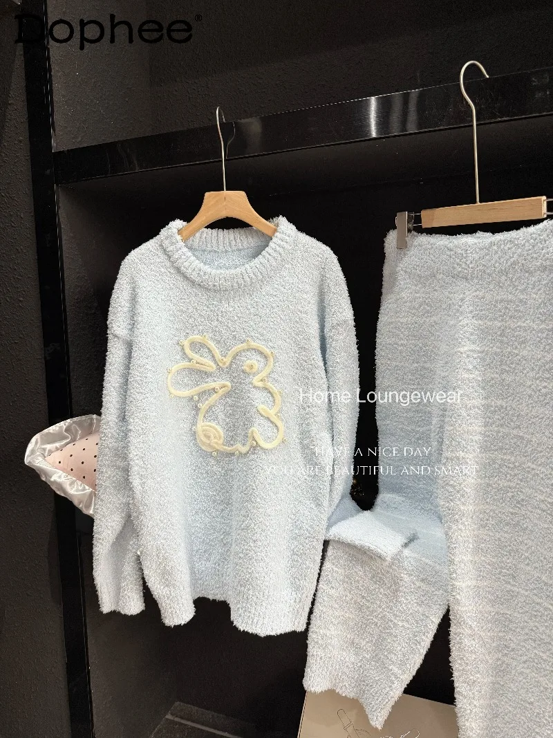 

2025 Autumn Winter New Japanese Style Ins Sweet Cute Round Neck Long Sleeve Pajamas Thin Velvet Soft Warm Homewear Set