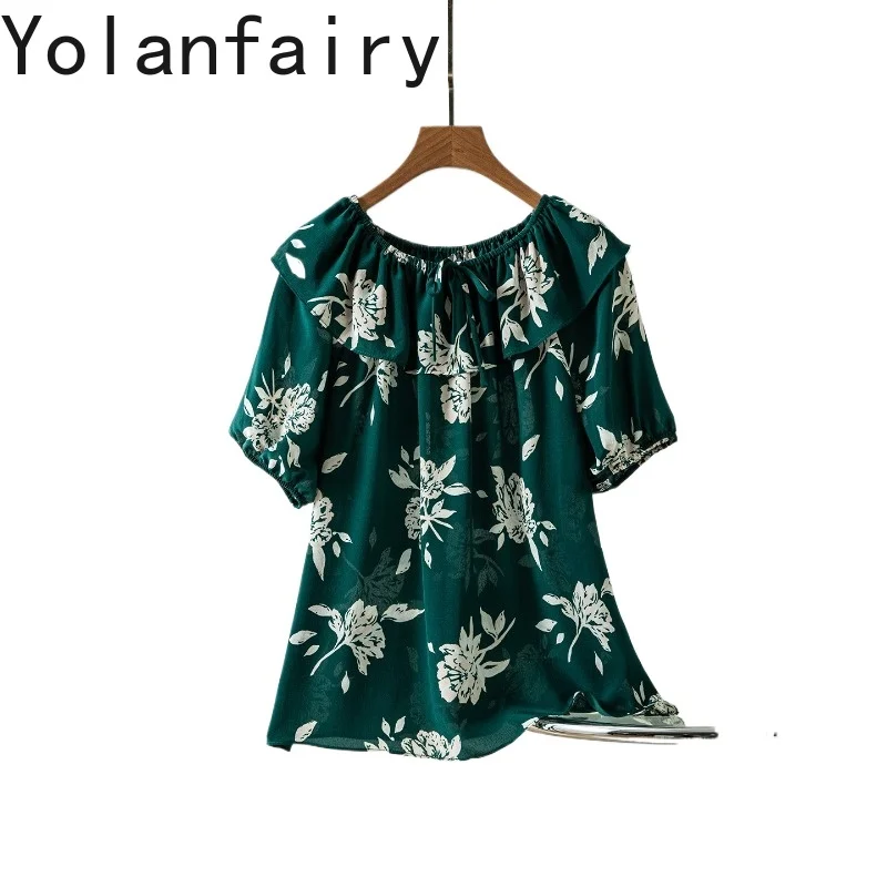 

YOLANFAIRY 100% натуральные шелковые блузки из тутового шелка для женщин, летняя модная футболка с цветочным принтом, женская одежда, футболка с короткими рукавами, женская одежда