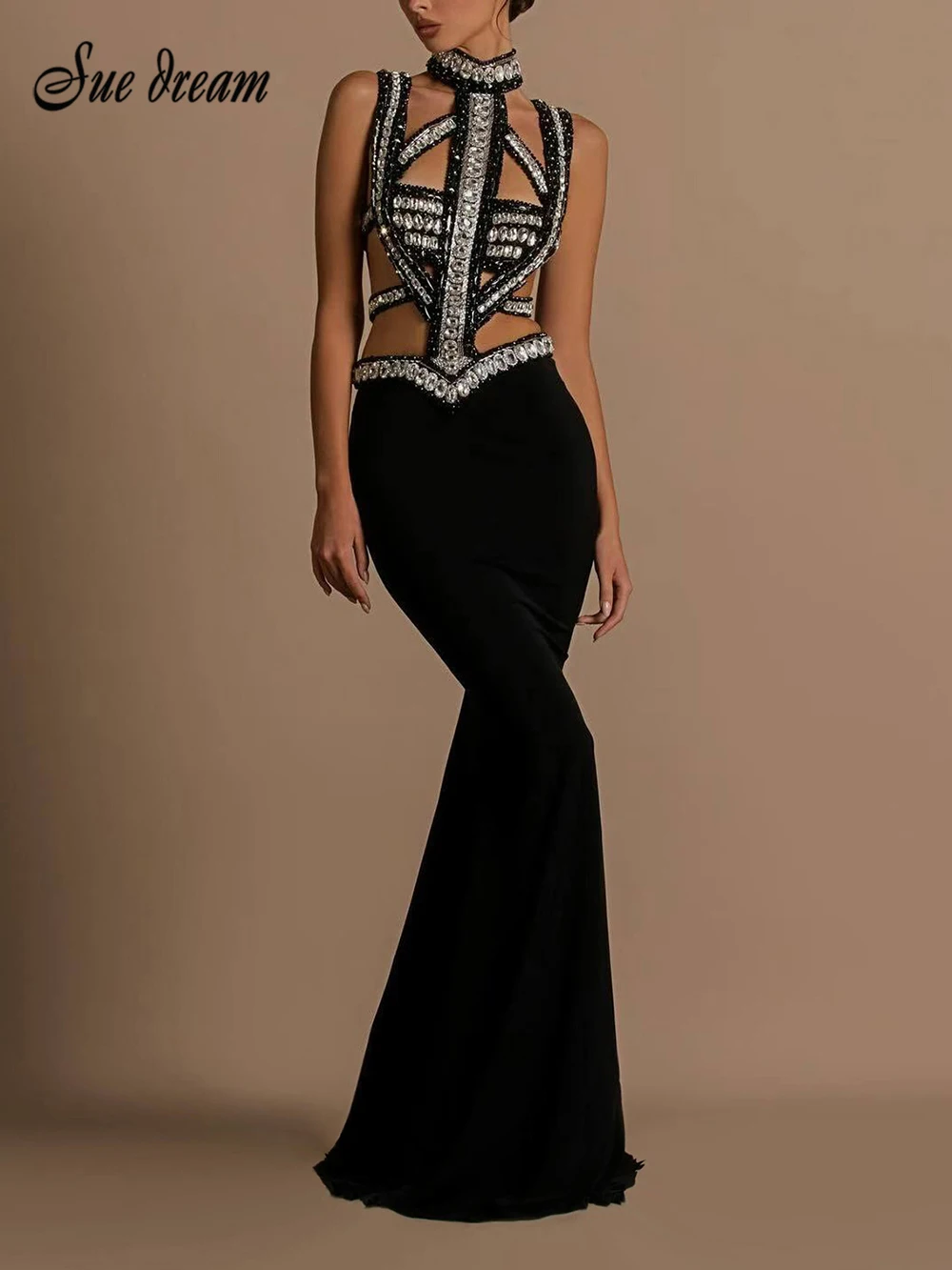 2024 Autumn New Women's Sexy Diamond Hollow Out Backless Mermaid Bandage Long Dress Bodycon Celebrity Party Evening Dress