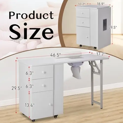 Foldable Manicure Table, Nail Desk for Nail Tech with Dust Collector | Makeup Beauty Salon Storage with