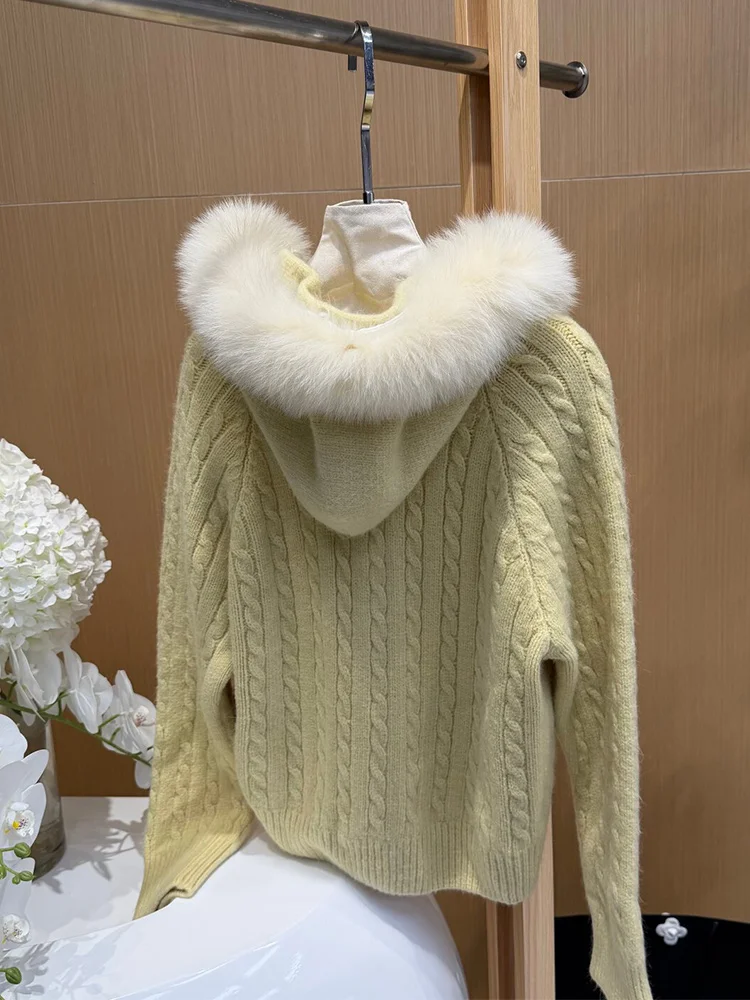 New Casual Autumn Winter Women Natural Real Fox Fur Collar Hooded Jacket Cardigan Fur Decoration Lady's Sweater Coat - view 6
