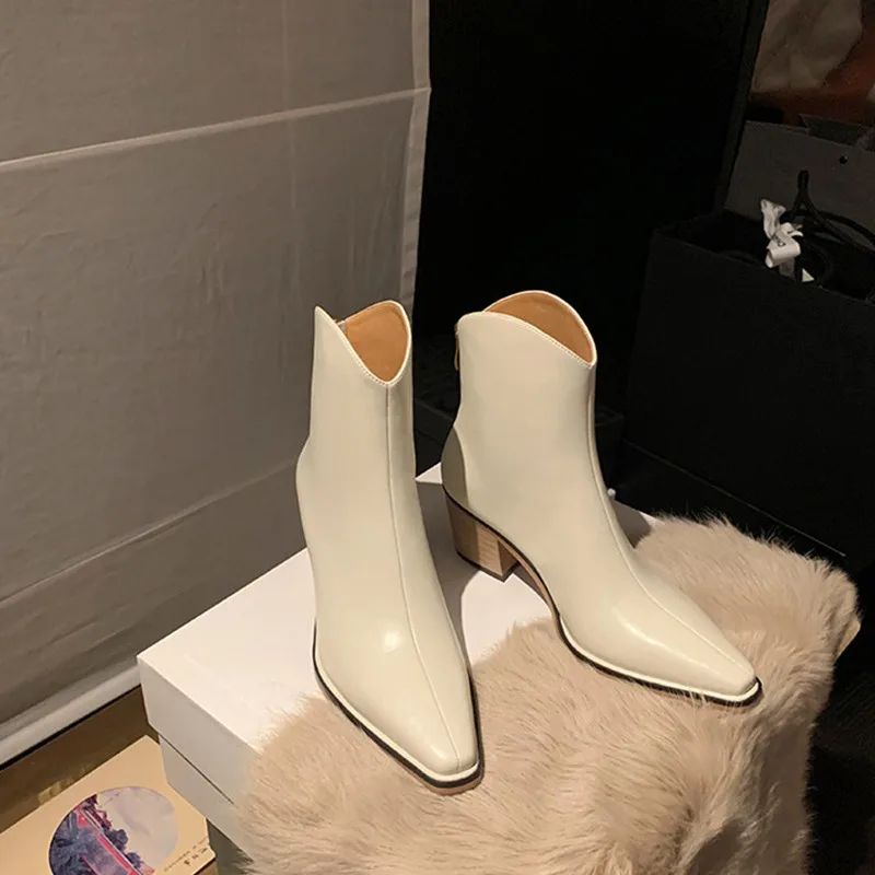 New Pointed End V-mouth Rear Zipper Women's Short Boots Fashion Black White Simple Thick Heel  Western Chelsea Boots Ankle Boots image 3