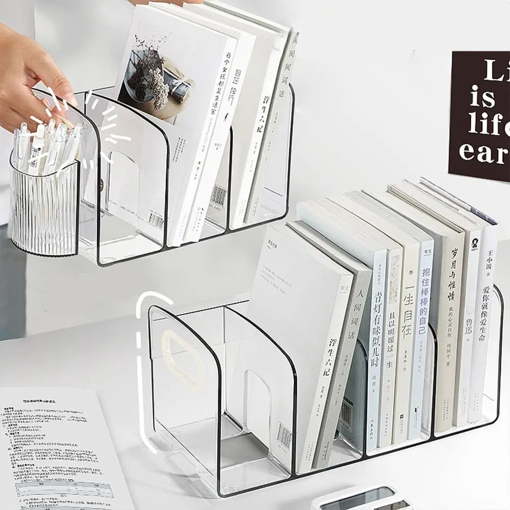 

Desktop Organizer Save Space Handle Bookends Durable Display Divider Book Stand Simple Transparent Desk Storage Rack Bookshelf