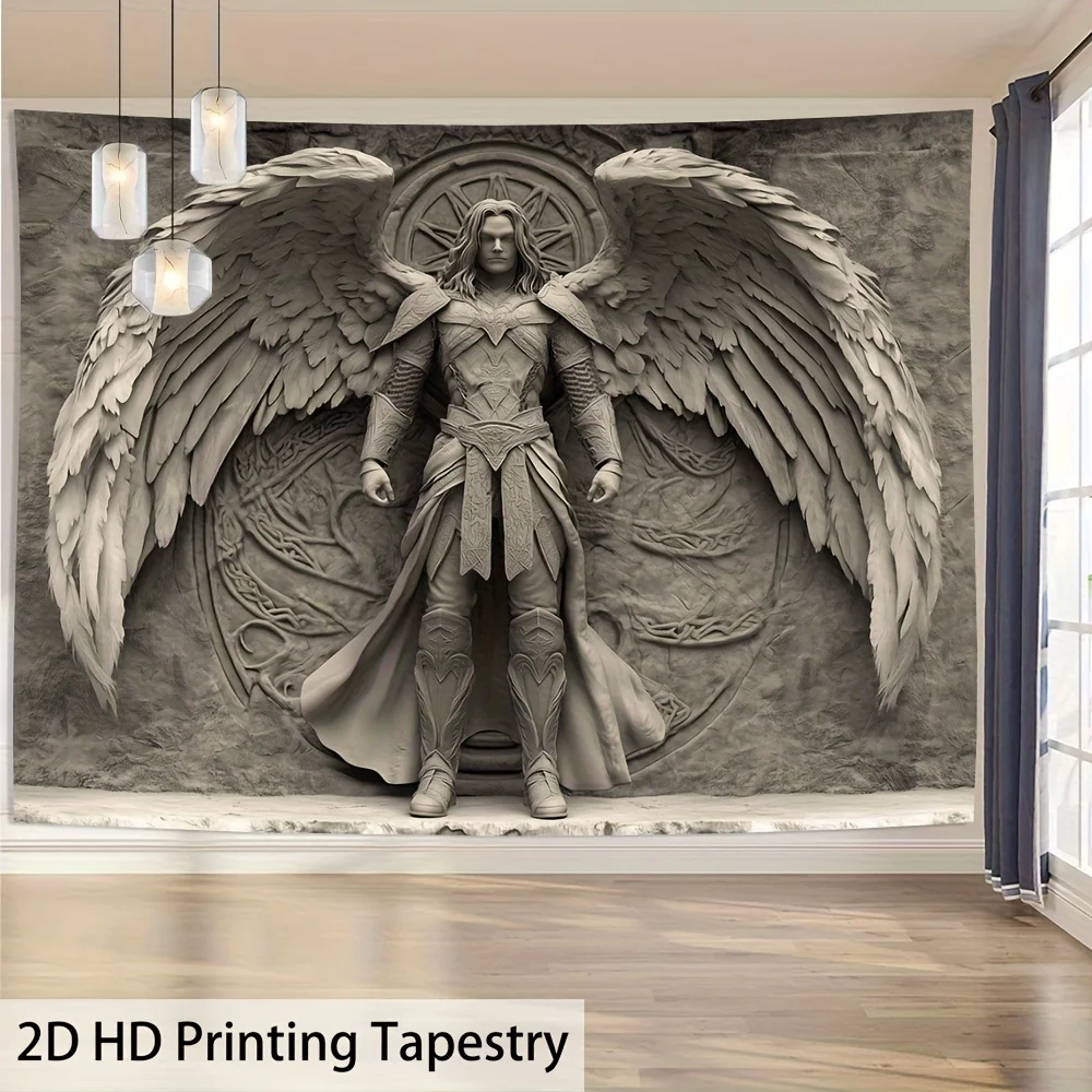 Celestial Angel Tapestry Wall Hanging - Large Winged Seraphim with Flowing Robe on Grey Textured Background Home Decor