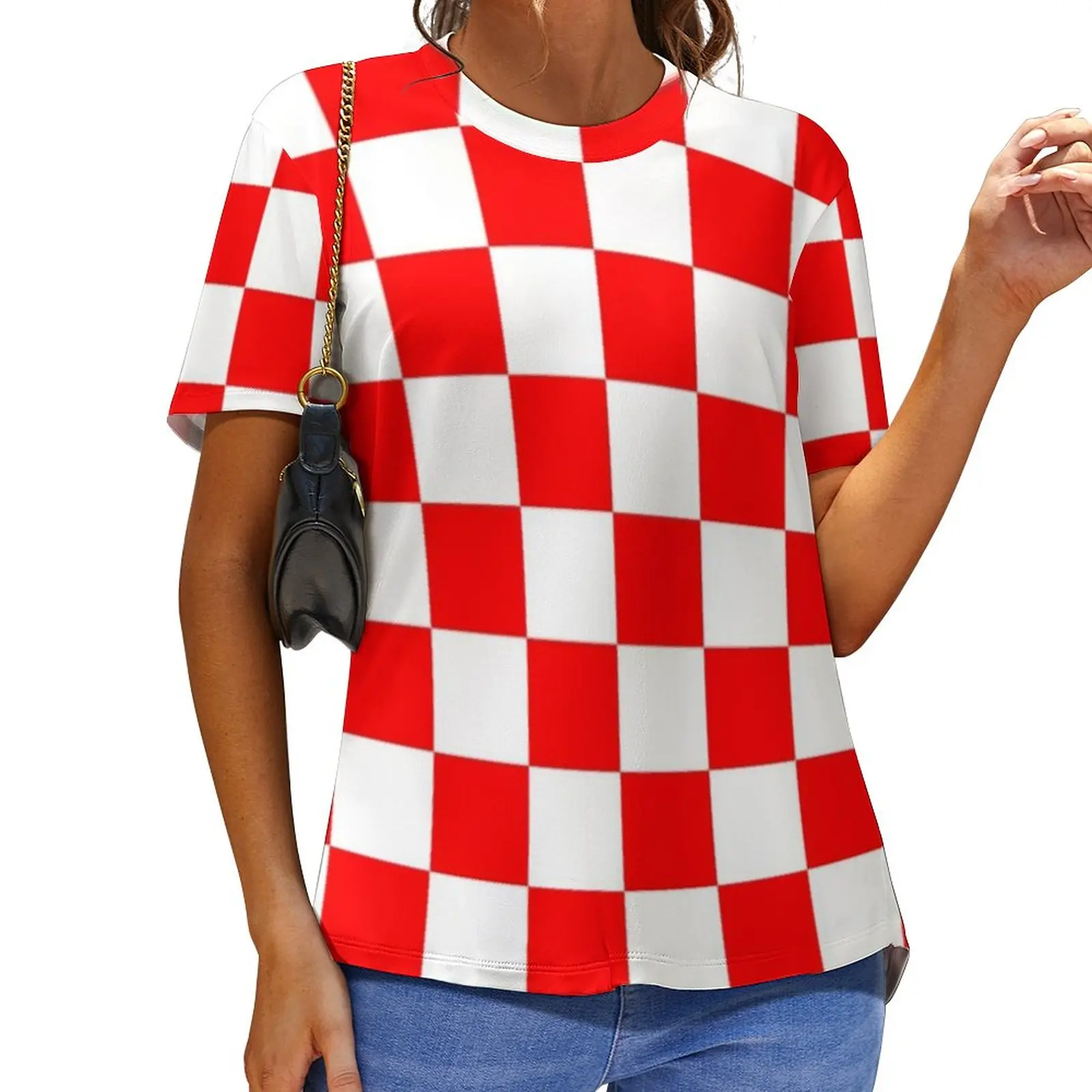 Croatian Checkerboard T-Shirts Red White Square Street Fashion Oversized T Shirt Short-Sleeve Women Kawaii Tshirt Print Top Tees