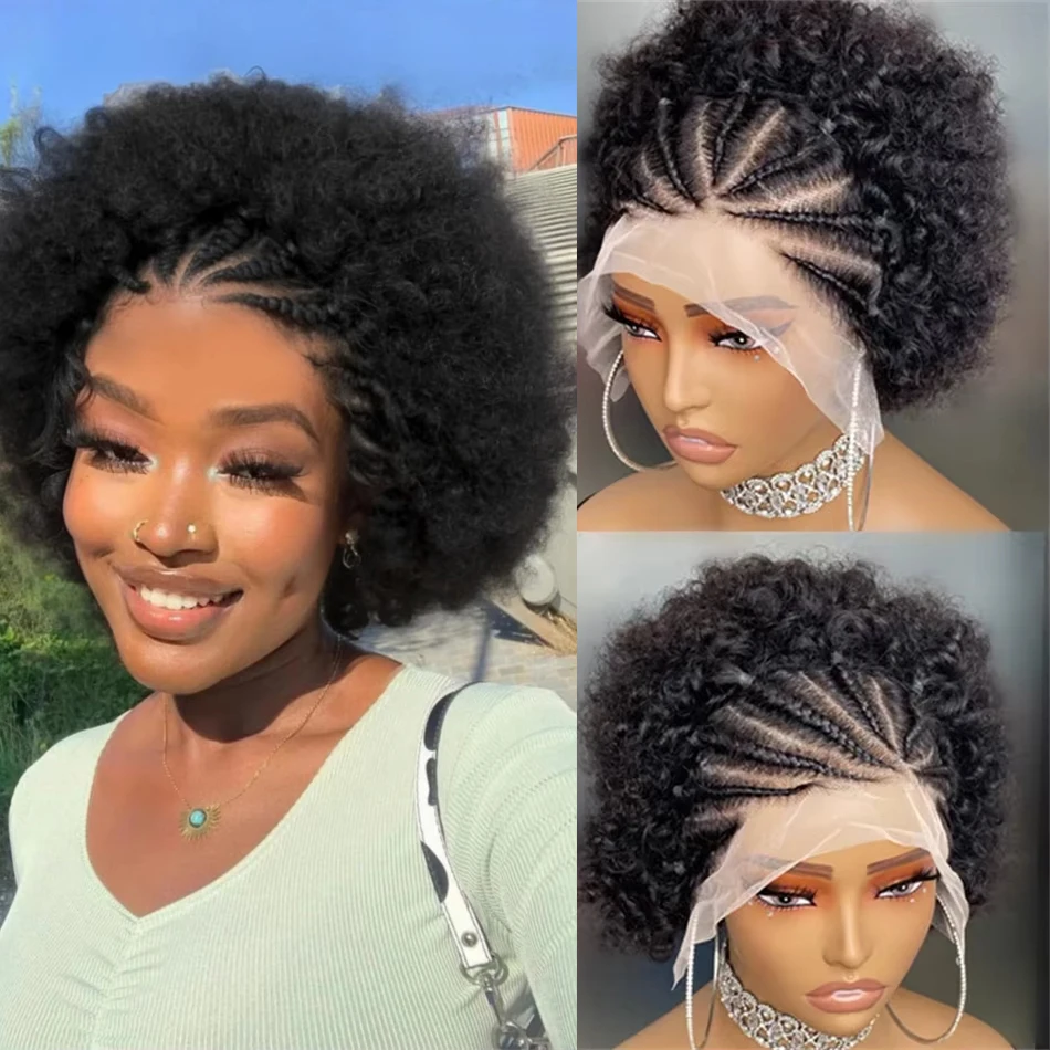 13x4 Lace Front Afro Short Curly Wig Human Hair Precolored Front Braided Afro Curly Human Hair Wig Brazilian Bouncy Curly Hair