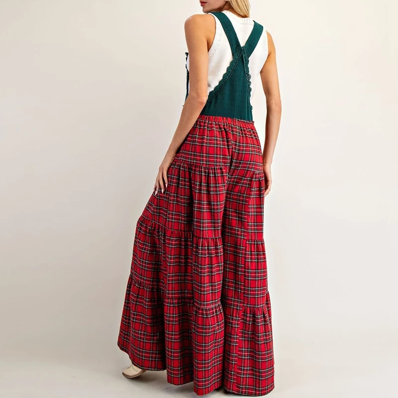 

Womens Christmas Plaid Overalls Playsuit Casual Loose Sleeveless Adjustable Straps Patchwork Wide Leg Pants Jumpsuit