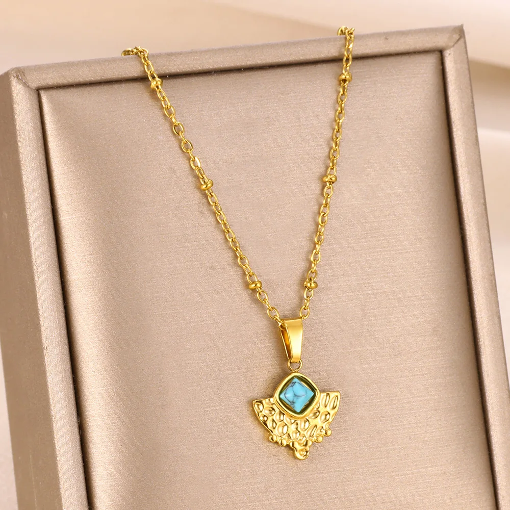 

Vintage Blue Turquoise Fan Pendant Necklace For Women Gold Color Stainless Steel Necklace Bohemian Jewelry Gift