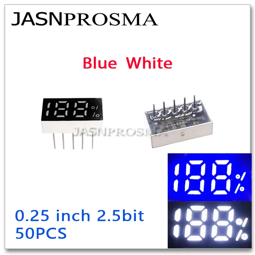 JASNPROSMA 50PCS 0.25 นิ้ว 2.5bit 5pin 7 Segment โทรศัพท์มือถือเปอร์เซ็นต์จอแสดงผล LED หลอดดิจิตอลสีฟ้าสีขาว 0.25 นิ้ว 188