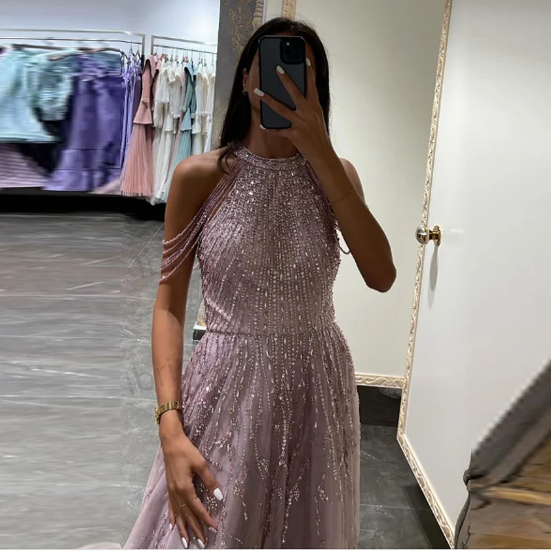 Maßgeschneiderte funkelnde Saudi-Arabien Abendkleider Halt Perlen Partykleid A-Linie Dubai Abendkleid Vestidos de Fiesta
