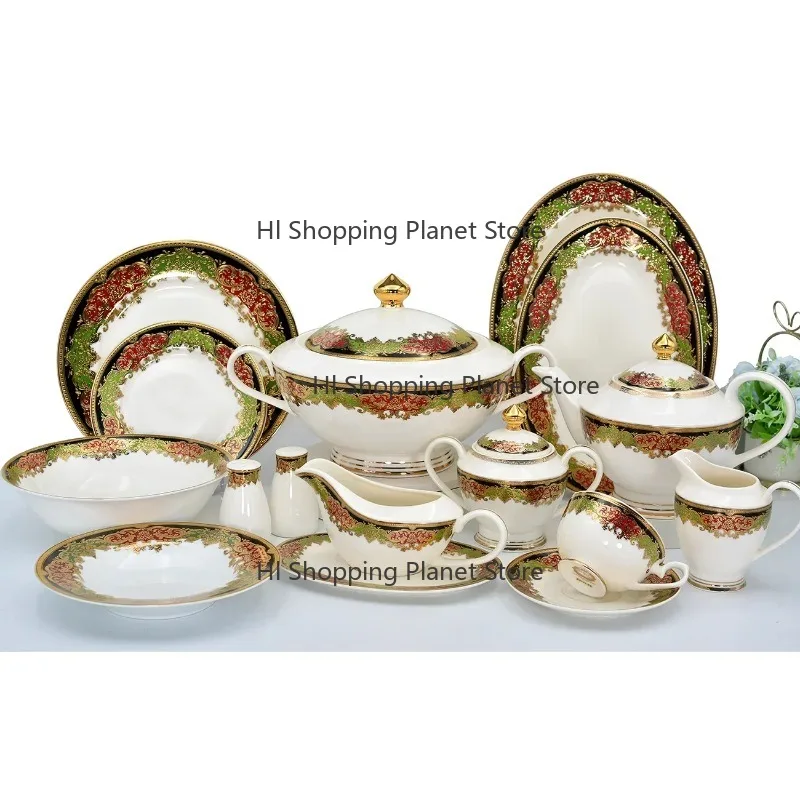 ro-yal porcelain dinnerware sets bo-ne china dinner qua-lity set e-mbossed gold tableware sets lu-xury