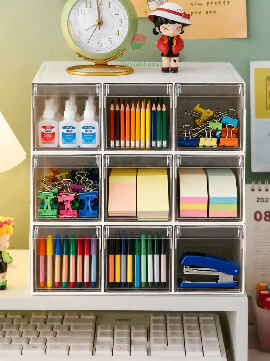 Desktop Storage Box Transparent Storage Box Transparent Desktop Organizer Drawer Box with Pen Holder Ideal Makeup Box Organizer