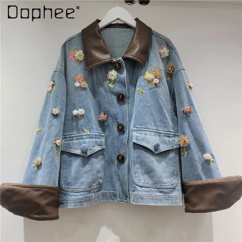 

Vintage Floral Beaded Blue Denim Jacket for Women 2025 Autumn Winter New POLO Collar Loose Slimming Short Jacket Top