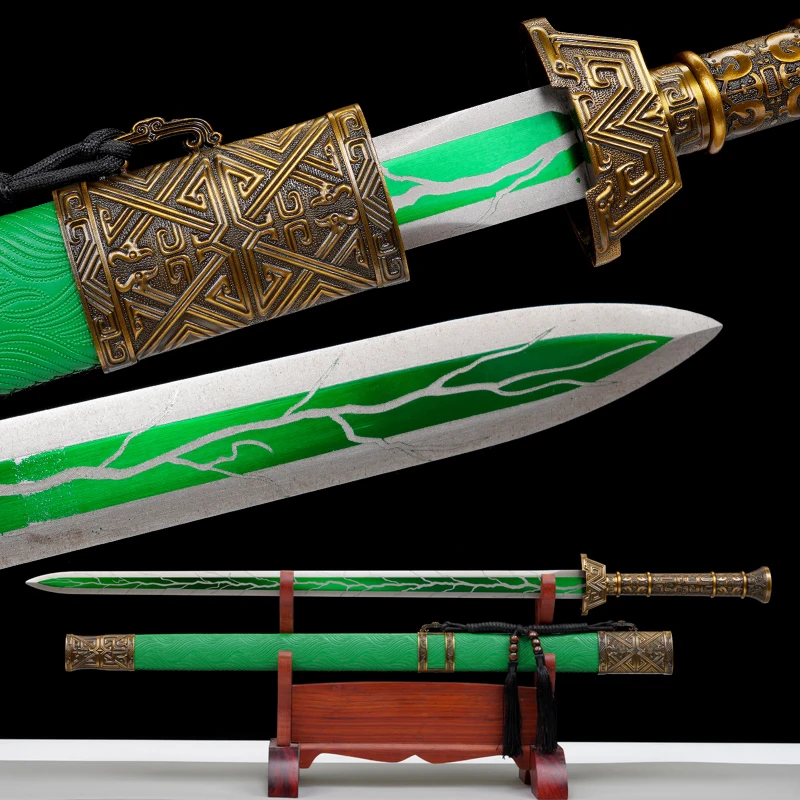 Chinese Han Sword 1060 High Carbon Steel Green Blade Real Full Tang Sharp Ready Training Warrior Swords Metal Handle Katanas
