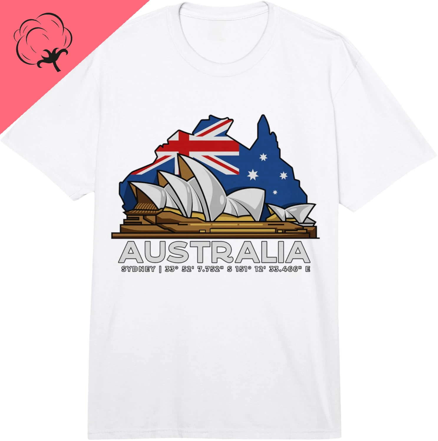 Australia Sydney GPS Coordinates Opera House Comfor Men and Women Short Sleeves Cotton Printed T-shirt Camiseta