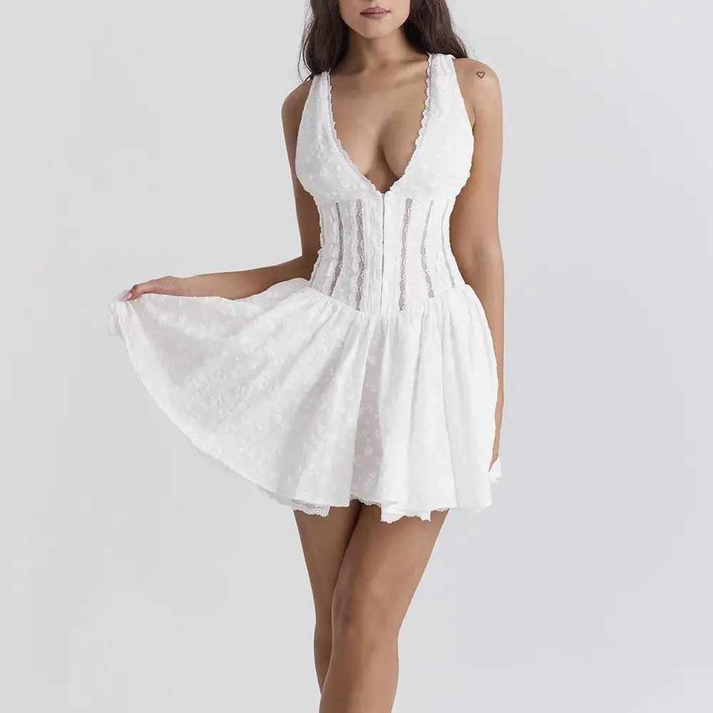 Estate moda Sexy pieghe Mini abito donna profondo scollo a v Silm Fit Camis abiti bianchi scava fuori pizzo Backless camicia Y2k vestiti