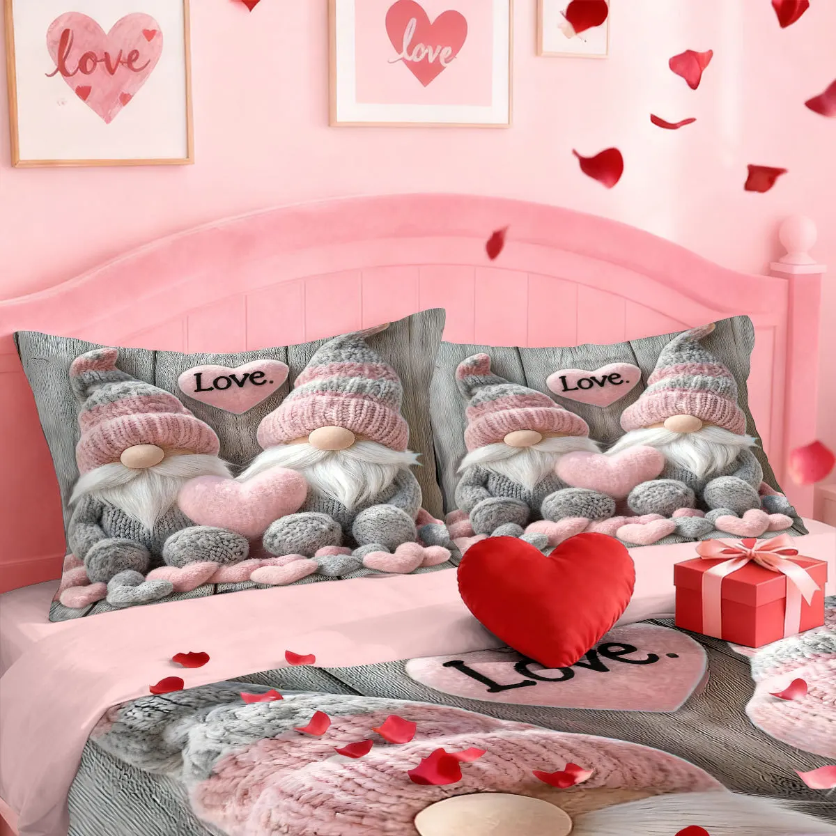 Valentine's Day Dwarf Print Duvet Cover Set 3Pcs Queen King Size Bedding Set with Pillowcases Romantic Bed Cover Bed Linen