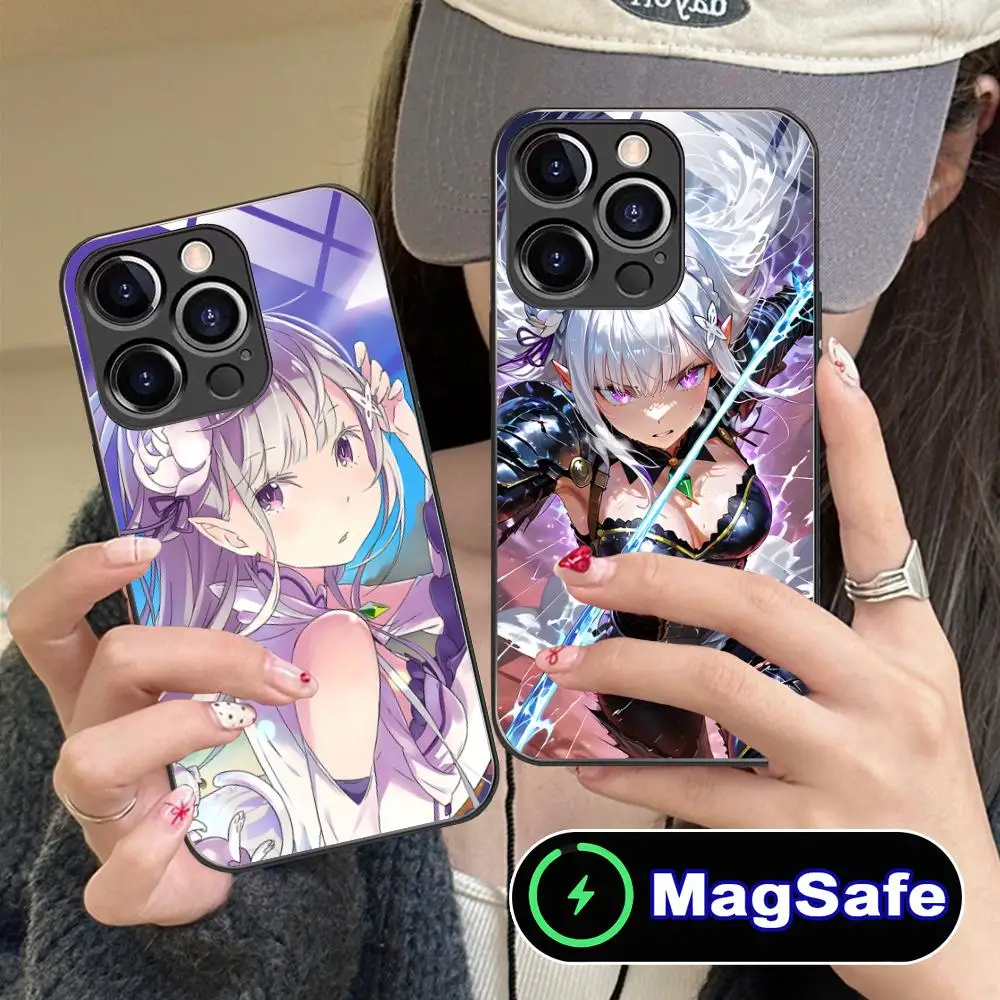 حافظة هاتف محمول ReZero Emilia Waifu لهاتف iPhone 17 16 15 14 13 12 11 Pro Max Plus Mini MagSafe غطاء ملون زجاجي فاخر جدًا