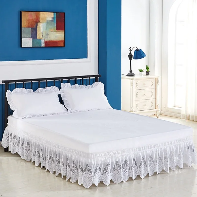 Long Strip Lace Bedding Thick Jacquard Lace Elastic Waistband One-Piece Lace Bed Skirts Triangle Edged Wavy Hem Bed Aprons 1pcs