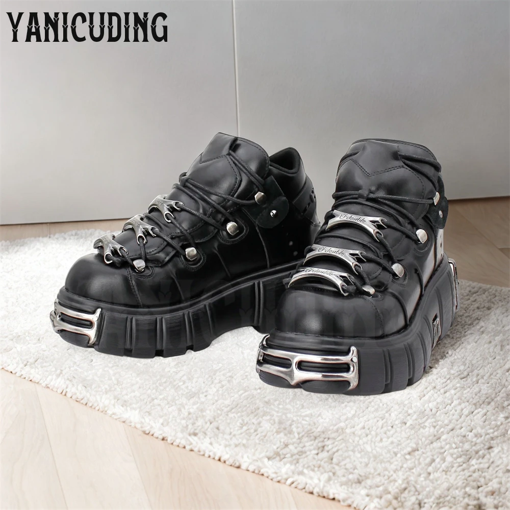 Black Goth Sneakers for Women Metal Platform Leather Shoes Punk Style Lace-Up Motorcycle Shoes Lace-Up Y2K Punk Style Shoes Sale