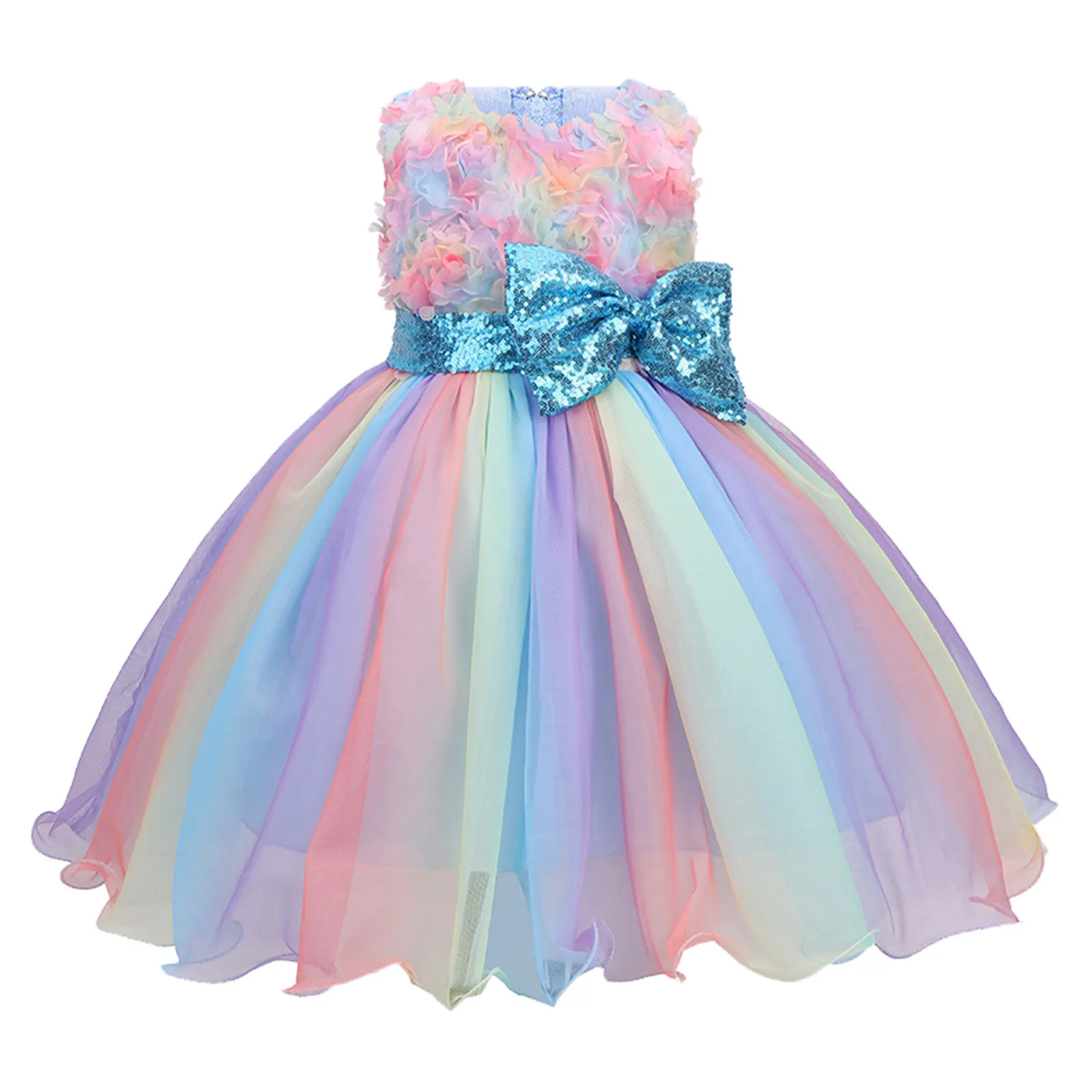 3-10Y Girls Rainbow Tulle Dresses Kid Wedding Tutu Layers Cake Princess Elegant Party Prom Dress Children Communion Evening Gown