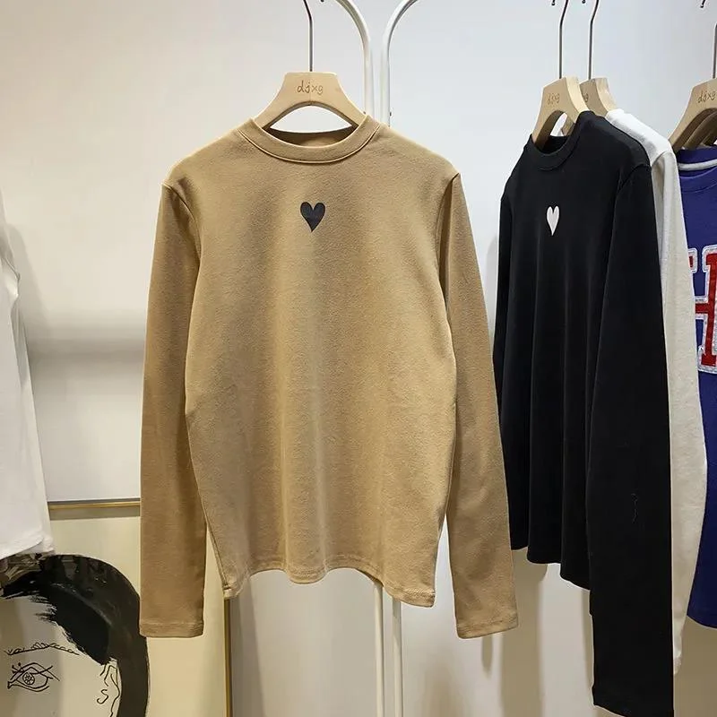 

Матовый двусторонний немецкий бархатный теплый базовый слой, осень-зима, новая корейская свободная футболка с круглым вырезом и принтом, топ для женщин