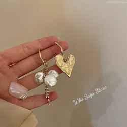 Trending Baroque Heart Tassel Drop Earrings New Design Fashion Korean Asymmetric Cheap Earring for Woman Party Jewelry Wholesale